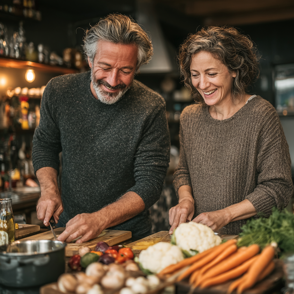 Happy mature couple in their late 40s cooking together in modern kitchen, man and woman preparing healthy meal with fresh ingredients, both smiling and enjoying cooking process