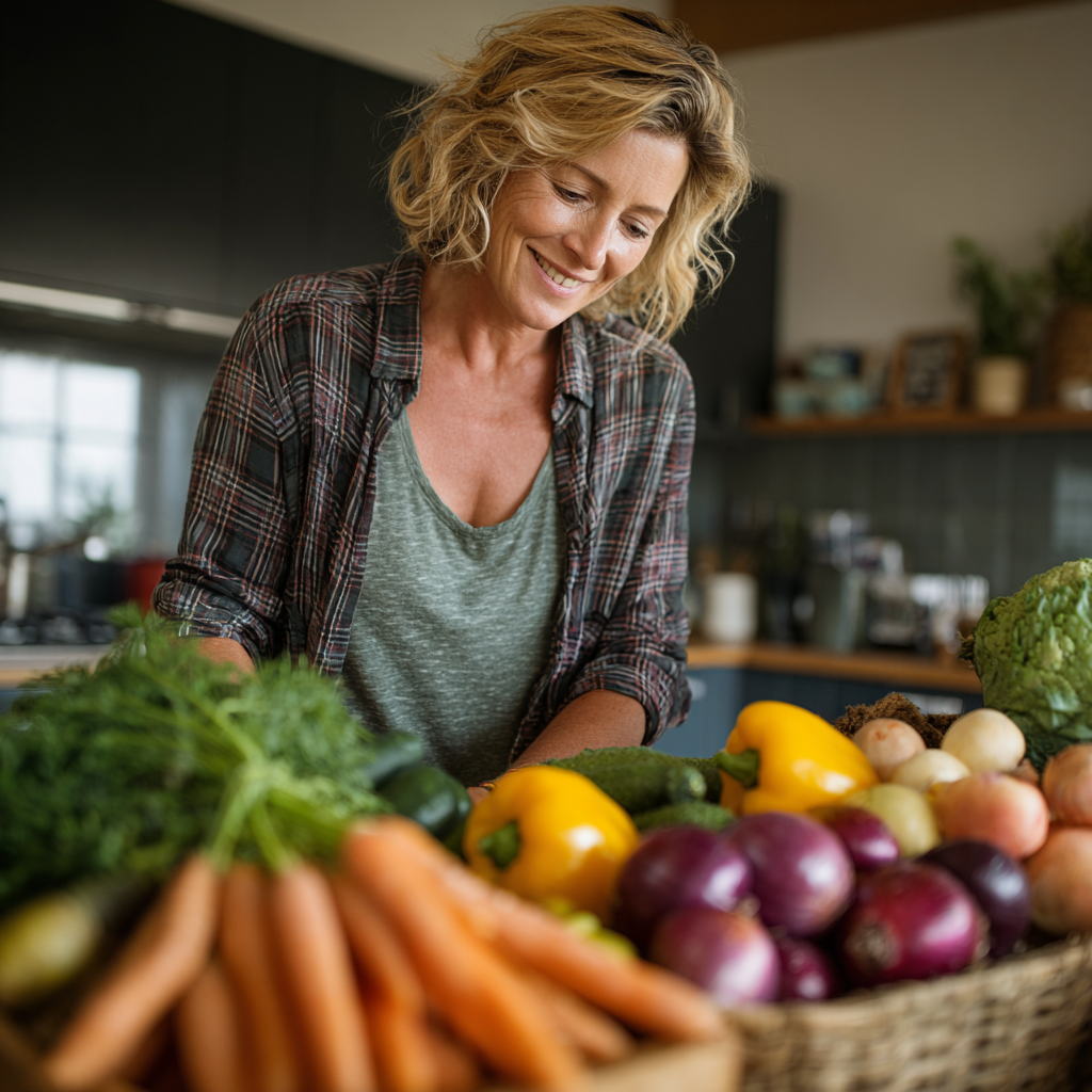 Healthy middle-aged woman around 45 years old preparing fresh vegetables in modern kitchen, smiling while organizing colorful produce for meal planning