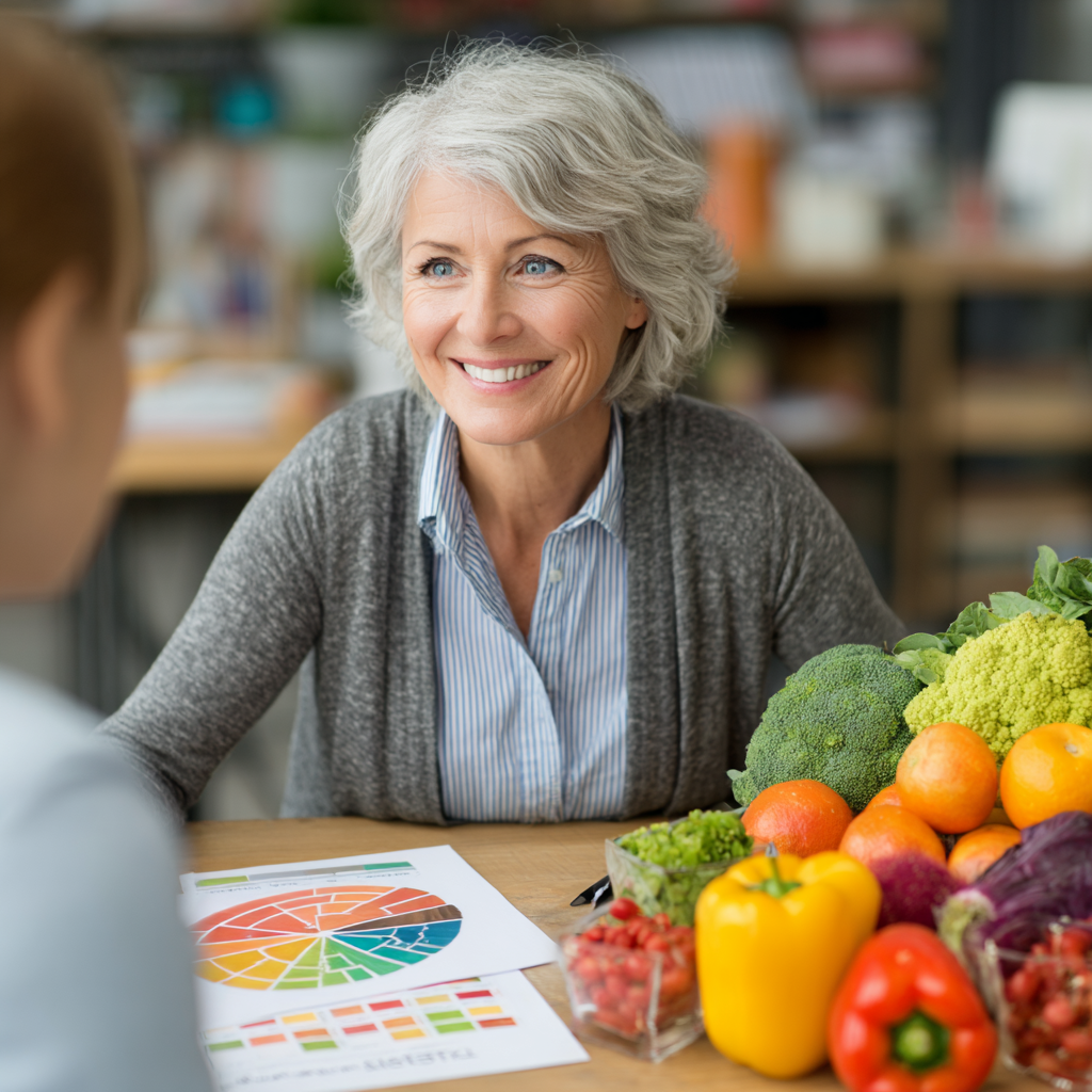 Professional nutritionist woman in her early 50s consulting with client, both sitting at desk with healthy food samples and nutrition charts, bright office environment